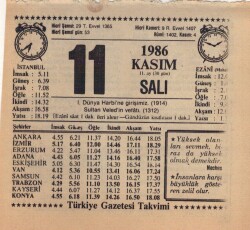 11 Kasım 1986 Takvim Yaprağı EFM(N)3411 - 2