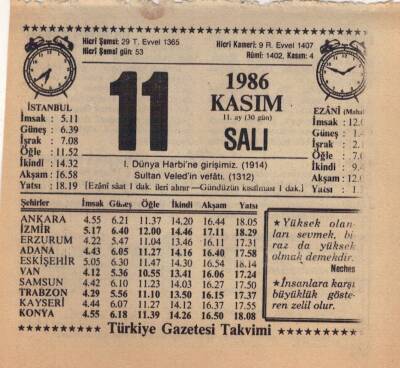 11 Kasım 1986 Takvim Yaprağı EFM(N)3411 - 1