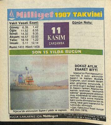 11 Kasım 1987 Takvim Yaprağı - Doğum Günü Hediyesi EFM(N)11934 - 1