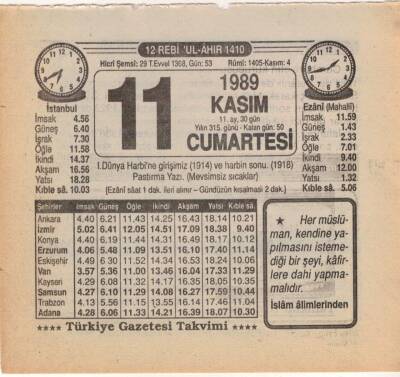 11 Kasım 1989 Takvim Yaprağı EFM(N)3471 - 3