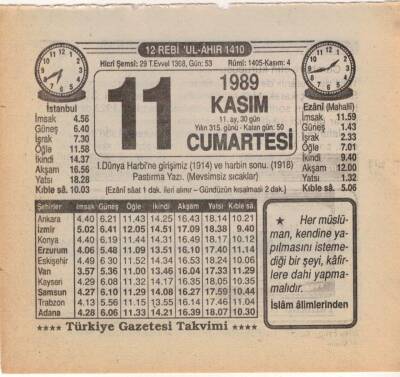 11 Kasım 1989 Takvim Yaprağı EFM(N)3471 - 1