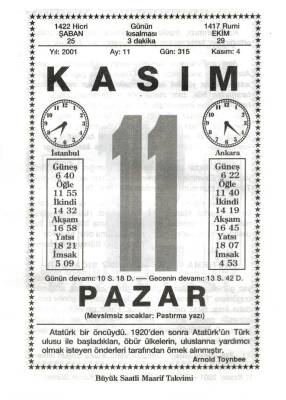 11 Kasım 2001 Takvim Yaprağı Doğum Günü Hediyesi EFM(N)3999 - 2