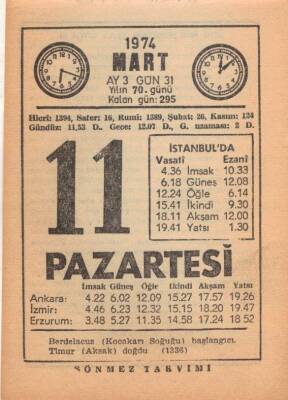 11 Mart 1974 Takvim Yaprağı EFM(N)5890 - 3