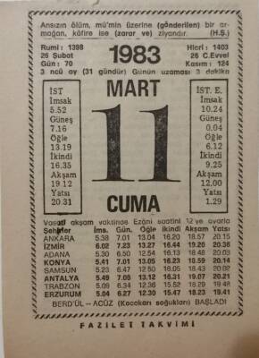 11 Mart 1983 Takvim Yaprağı - Doğum Günü Hediyesi EFM(N)7925 - 2