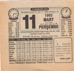 11 Mart 1993 Takvim Yaprağı EFM(N)6043 - 3