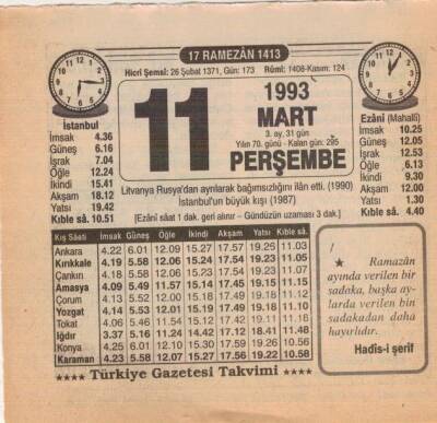 11 Mart 1993 Takvim Yaprağı EFM(N)6043 - 2