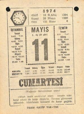 11 Mayıs 1974 Takvim Yaprağı - Doğum Günü Hediyesi EFM(N)12325 - 1