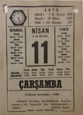 11 Nisan 1973 Takvim Yaprağı - Doğum Günü Hediyesi EFM(N)8108 - 2