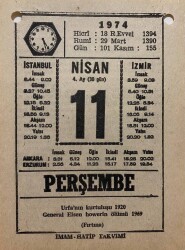 11 Nisan 1974 Takvim Yaprağı - Doğum Günü Hediyesi EFM(N)8168 - 2