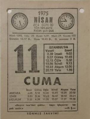 11 Nisan 1975 Takvim Yaprağı - Doğum Günü Hediyesi EFM(N)8138 - 2