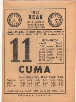 11 Ocak 1974 Takvim Yaprağı EFM(N)4874 - 1