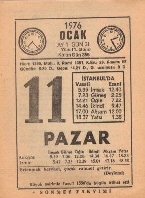 11 Ocak 1976 Takvim Yaprağı EFM(N)4812 - 1