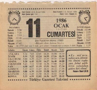 11 Ocak 1986 Takvim Yaprağı EFM(N)5029 - 1