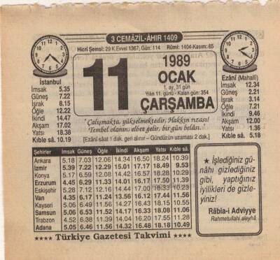 11 Ocak 1989 Takvim Yaprağı EFM(N)4719 - 1