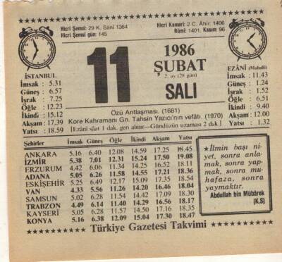 11 Şubat 1986 Takvim Yaprağı EFM(N)5222 - 1