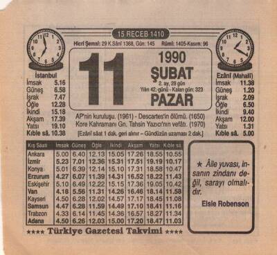 11 Şubat 1990 Takvim Yaprağı EFM(N)5194 - 1