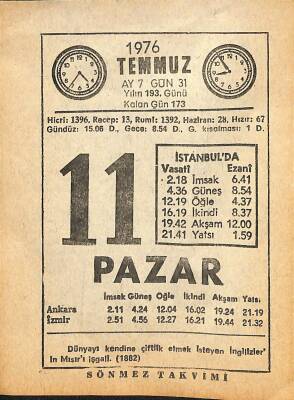 11 Temmuz 1976 Takvim Yaprağı - Doğum Günü Hediyesi EFM(N)12667 - 1