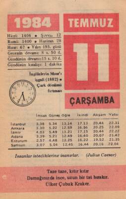 11 Temmuz 1984 Takvim Yaprağı EFM(N)1960 - 2