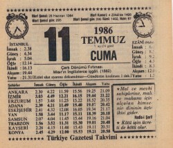 11 Temmuz 1986 Takvim Yaprağı EFM(N)1962 - 3