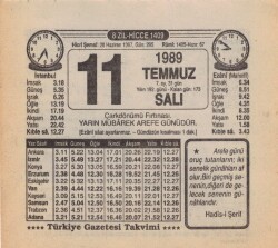 11 Temmuz 1989 Takvim Yaprağı EFM(N)1964 - 3