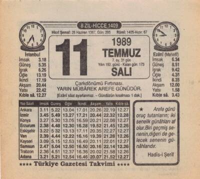 11 Temmuz 1989 Takvim Yaprağı EFM(N)1964 - 2