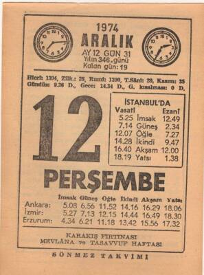 12 Aralık 1974 Takvim Yaprağı EFM(N)4294 - 3