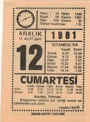 12 Aralık 1981 Takvim Yaprağı EFM(N)4417 - 2