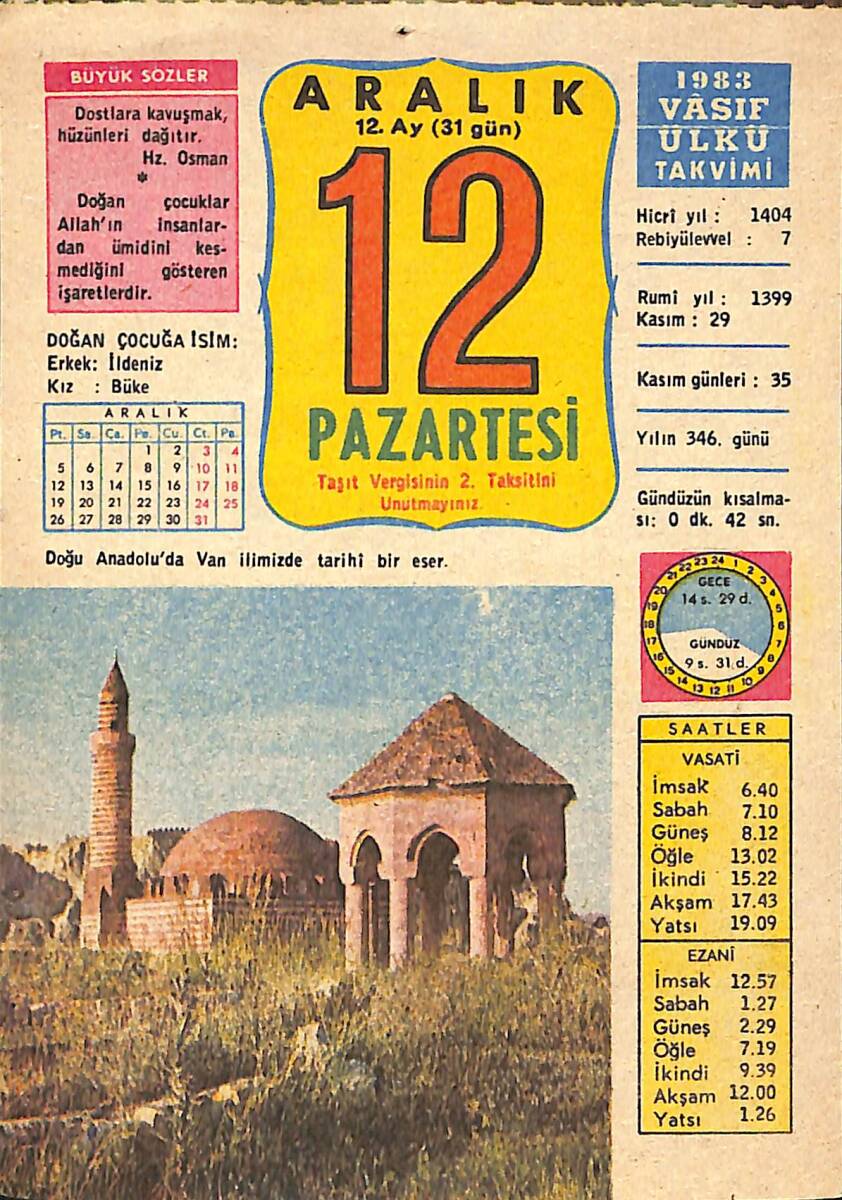 12 Aralık 1983 Takvim Yaprağı - Doğum Günü Hediyesi EFMN13601 - 1