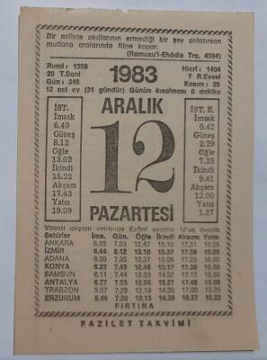 12 Aralık 1983 Takvim Yaprağı - Doğum Günü Hediyesi EFM(N)6892 - 1