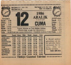 12 Aralık 1986 Takvim Yaprağı EFM(N)4324 - 3