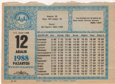 12 Aralık 1988 Takvim Yaprağı EFM(N)4478 - 3