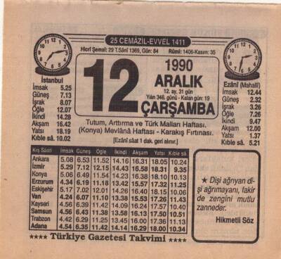 12 Aralık 1990 Takvim Yaprağı EFM(N)4140 - 1