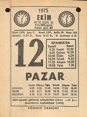 12 Ekim 1975 Takvim Yaprağı - Doğum Günü Hediyesi EFM(N)12562 - 1