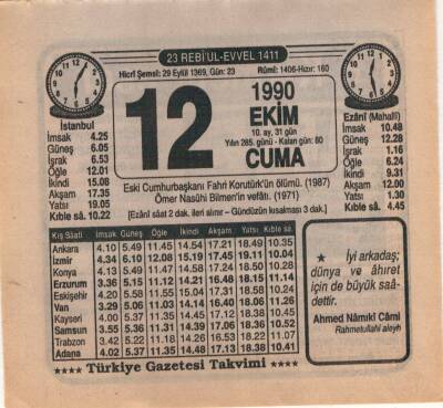 12 Ekim 1990 Takvim Yaprağı EFM(N)3137 - 3