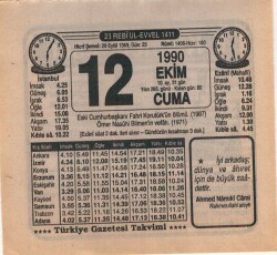 12 Ekim 1990 Takvim Yaprağı EFM(N)3137 - 2