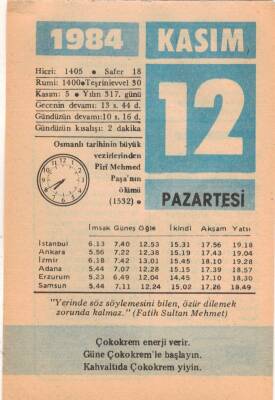 12 Kasım 1984 Takvim Yaprağı EFM(N)3352 - 3