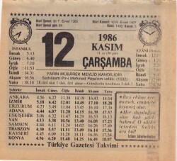 12 Kasım 1986 Takvim Yaprağı EFM(N)3412 - 3