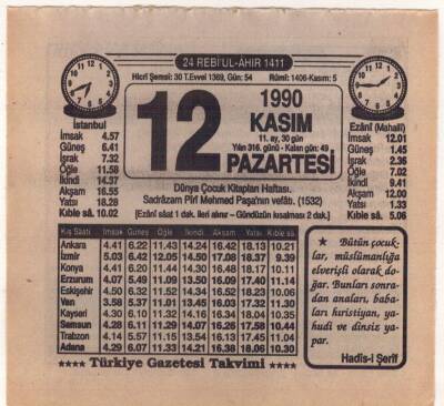 12 Kasım 1990 Takvim Yaprağı EFM(N)3926 - 3