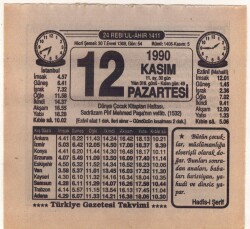 12 Kasım 1990 Takvim Yaprağı EFM(N)3926 - 2