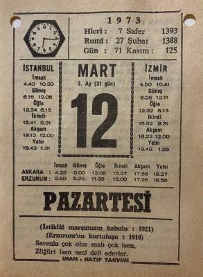 12 Mart 1973 Takvim Yaprağı - Doğum Günü Hediyesi EFM(N)8078 - 2