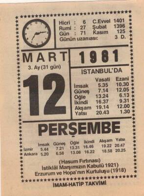 12 Mart 1981 Takvim Yaprağı EFM(N)6014 - 2