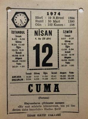 12 Nisan 1974 Takvim Yaprağı - Doğum Günü Hediyesi EFM(N)8169 - 2