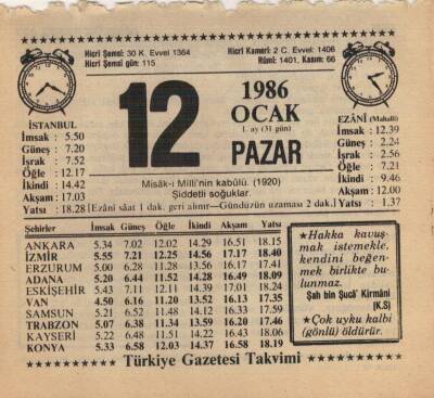 12 Ocak 1986 Takvim Yaprağı EFM(N)5030 - 1