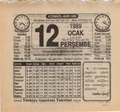 12 Ocak 1989 Takvim Yaprağı EFM(N)4720 - 1