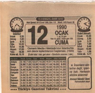 12 Ocak 1990 Takvim Yaprağı EFM(N)4689 - 1