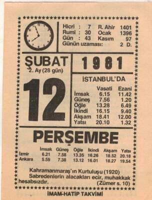 12 Şubat 1981 Takvim Yaprağı EFM(N)5420 - 1