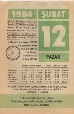 12 Şubat 1984 Takvim Yaprağı EFM(N)5335 - 1