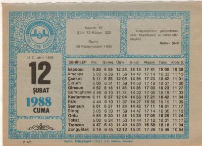 12 Şubat 1988 Takvim Yaprağı EFM(N)5502 - 1