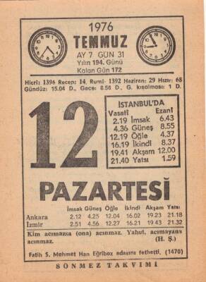 12 Temmuz 1976Takvim Yaprağı EFM(N)1971 - 3