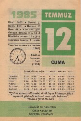 12 Temmuz 1985 Takvim Yaprağı EFM(N)1973 - 3